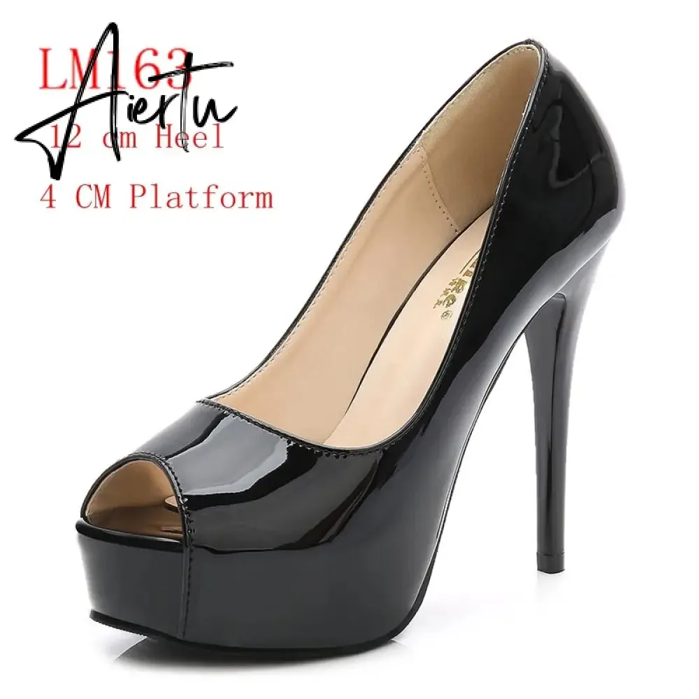 Aiertu Sexy Women Dress Pumps Wedding Fetish Shoe 16CM High Heels Peep toe Platform Patent Leather Nighclub Shoes Women Black Pumps