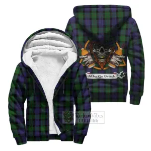 Blair Tartan Sherpa Hoodie with Family Crest and Bearded Skull Holding Bottles of Whiskey