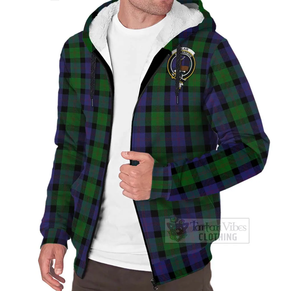 Blair Tartan Sherpa Hoodie with Family Crest and Bearded Skull Holding Bottles of Whiskey