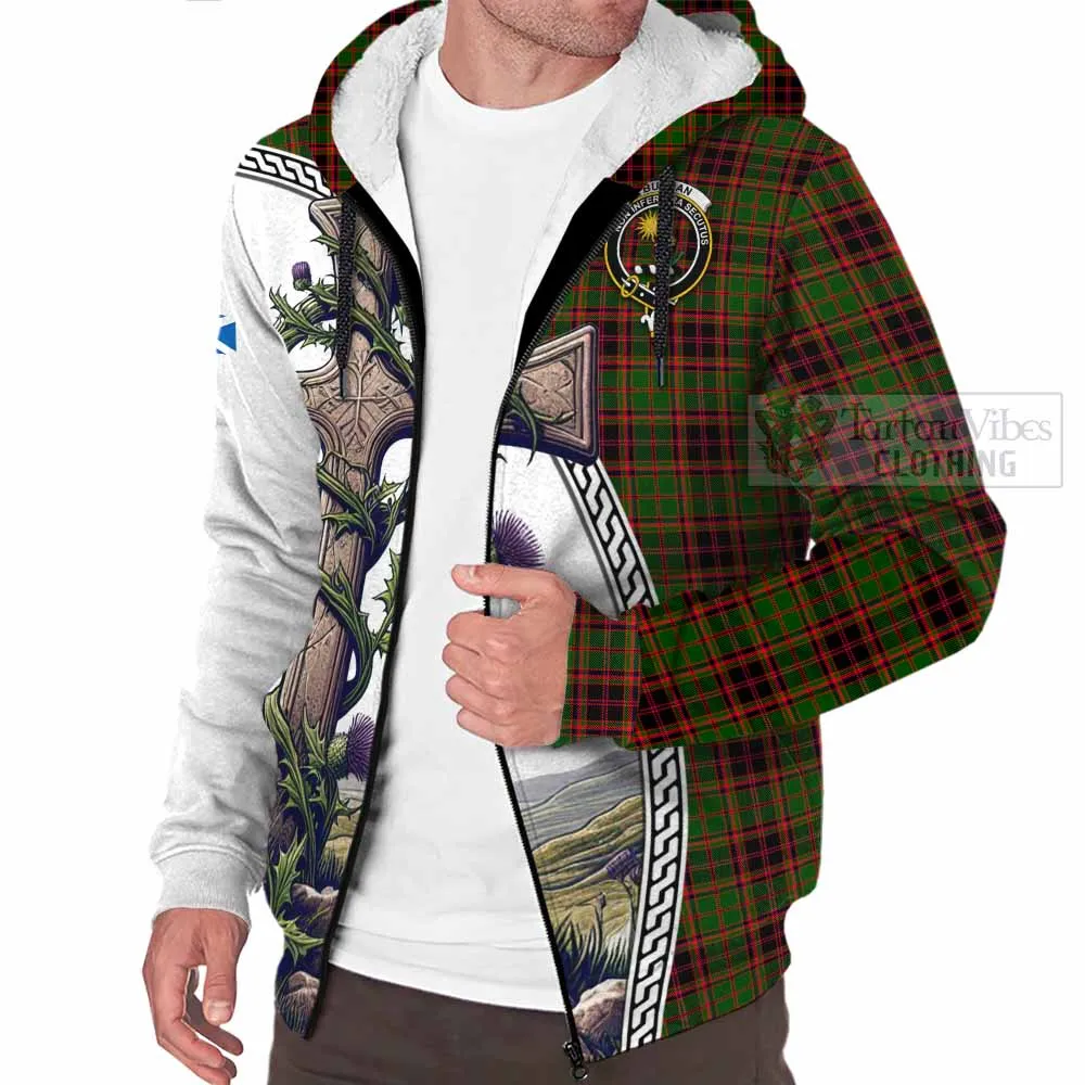 Buchan Tartan Sherpa Hoodie with Family Crest and St. Andrew's Cross Accented by Thistle Vines