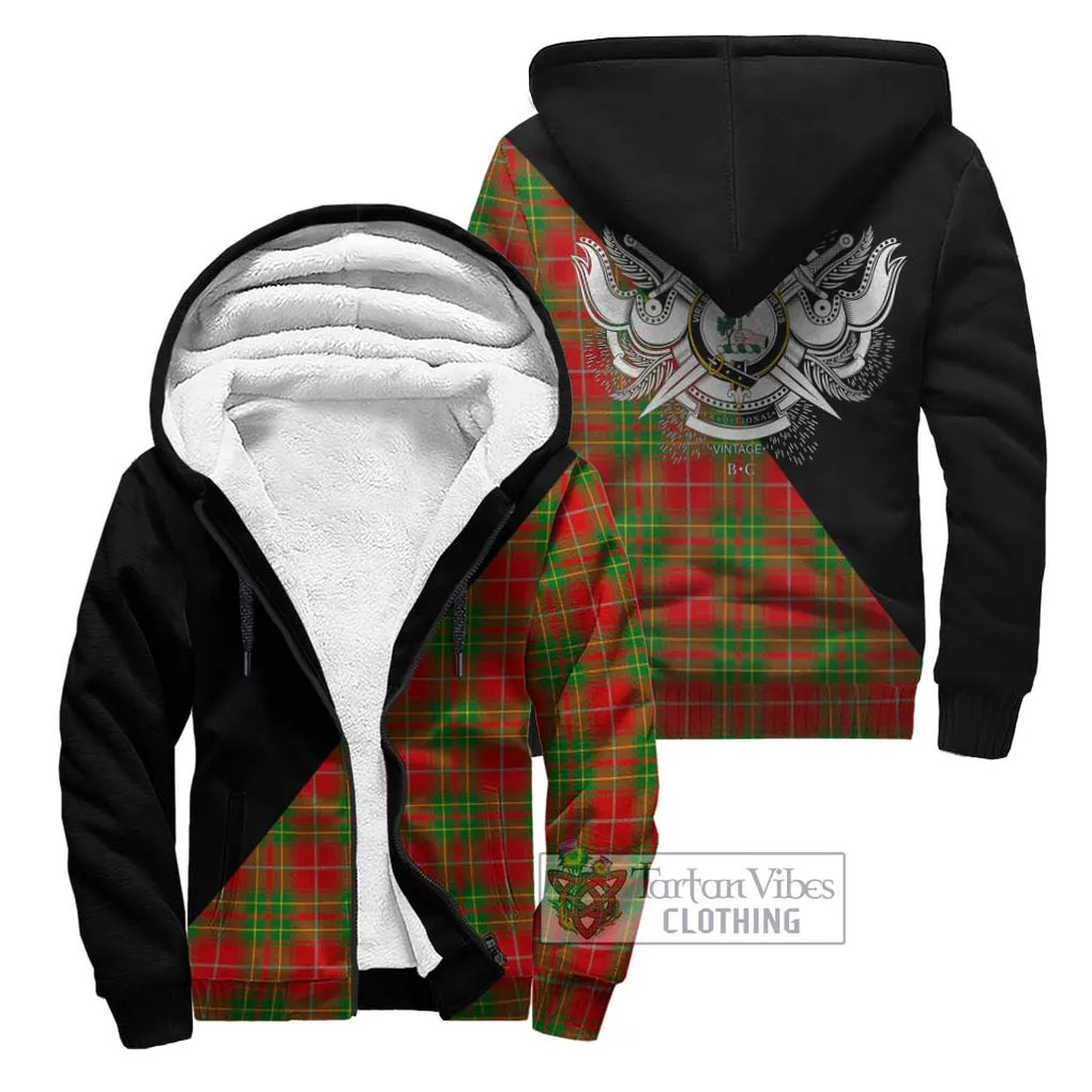 Burnett Tartan Sherpa Hoodie with Family Crest and Military Logo Style