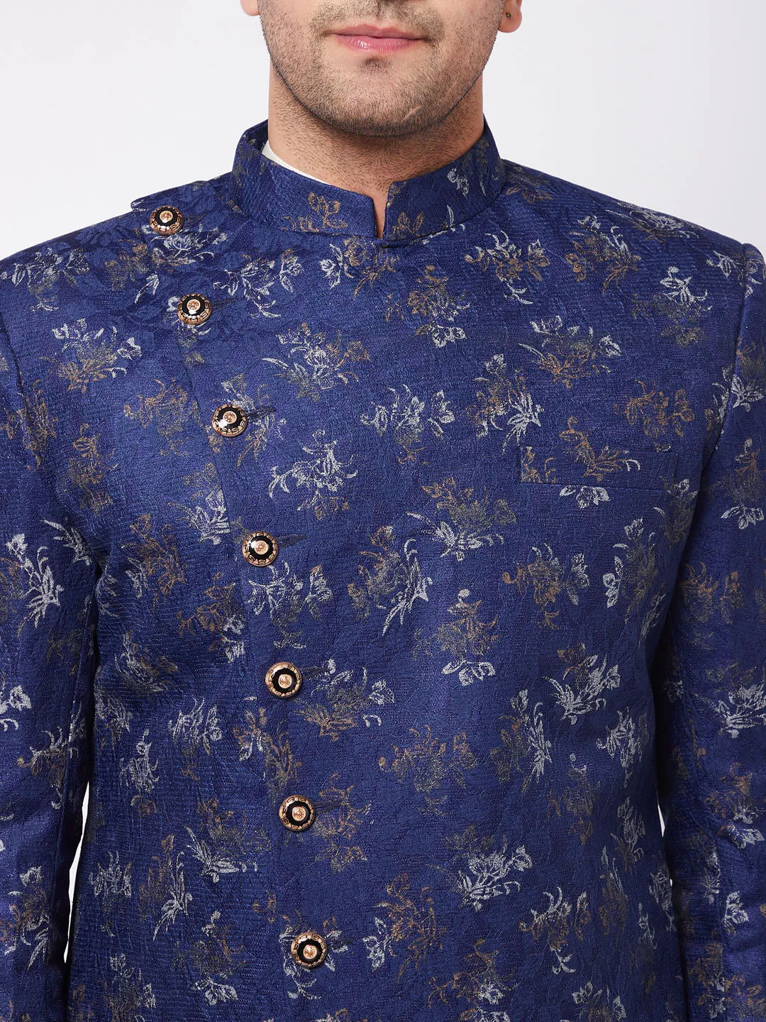 Jashvi Men's Blue Angrakha Style Indo Western Over Cream Kurta Pyjama Set