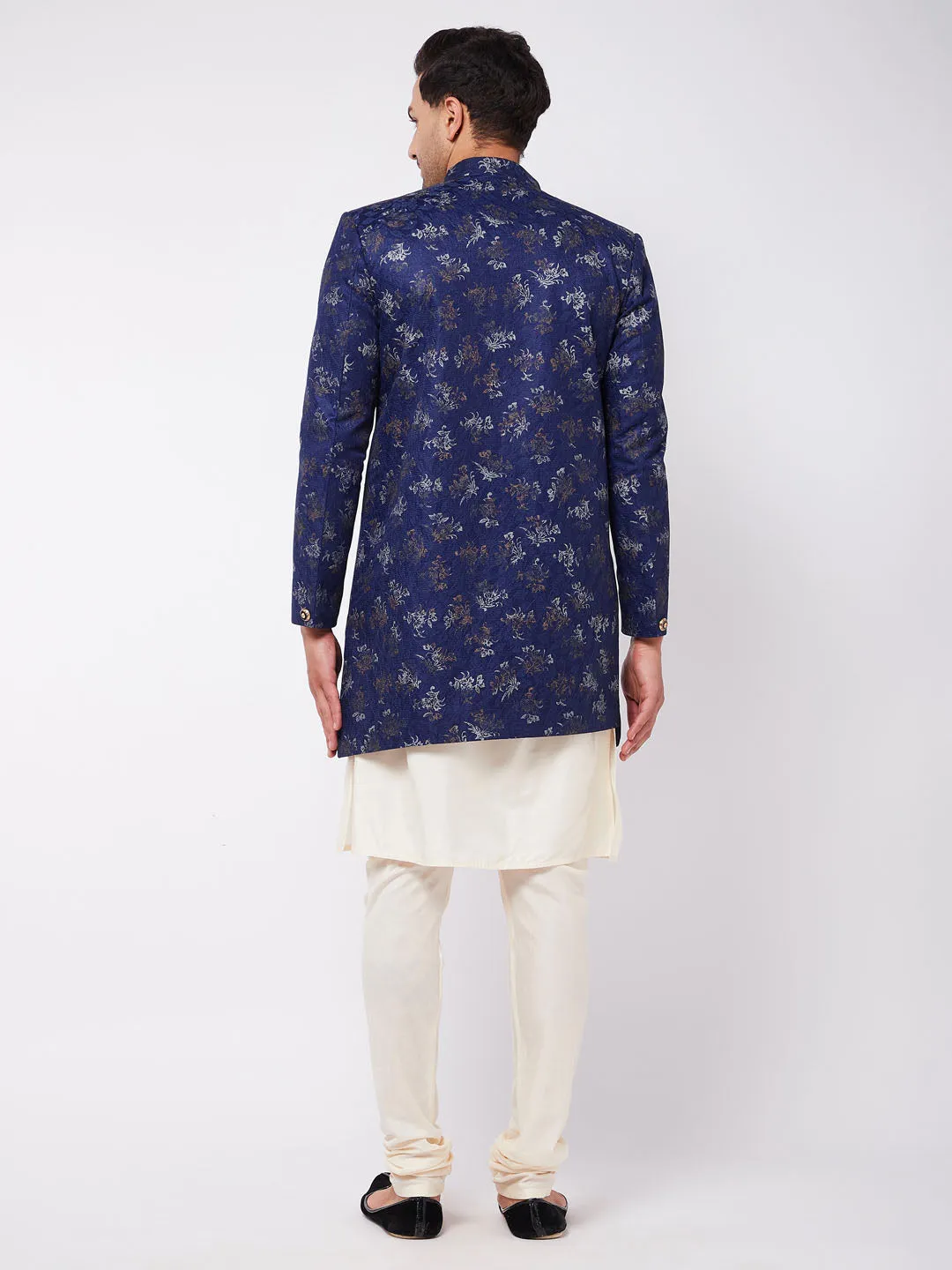 Jashvi Men's Blue Angrakha Style Indo Western Over Cream Kurta Pyjama Set