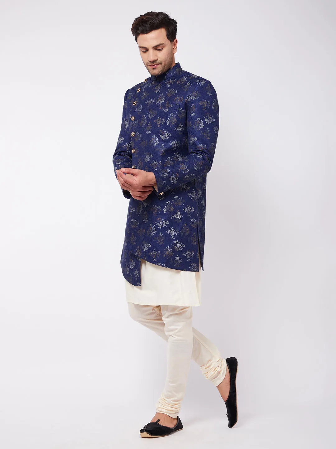 Jashvi Men's Blue Angrakha Style Indo Western Over Cream Kurta Pyjama Set
