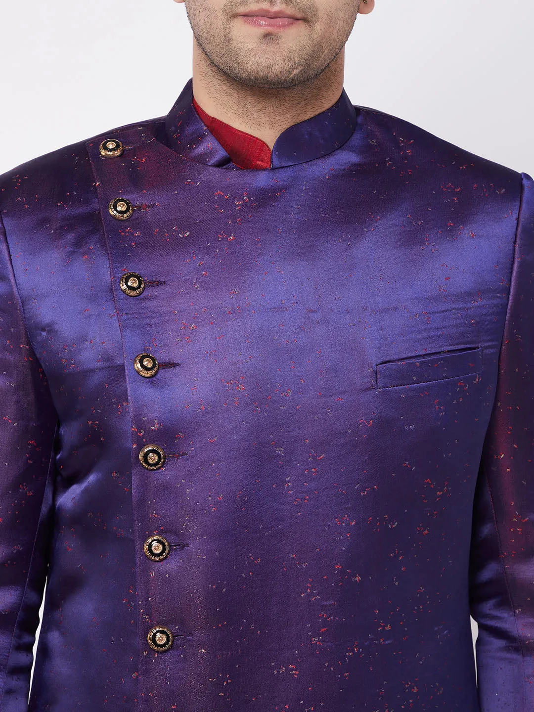 Jashvi Men's Purple Angrakha Style Indo Western Over Maroon Kurta Pyjama Set